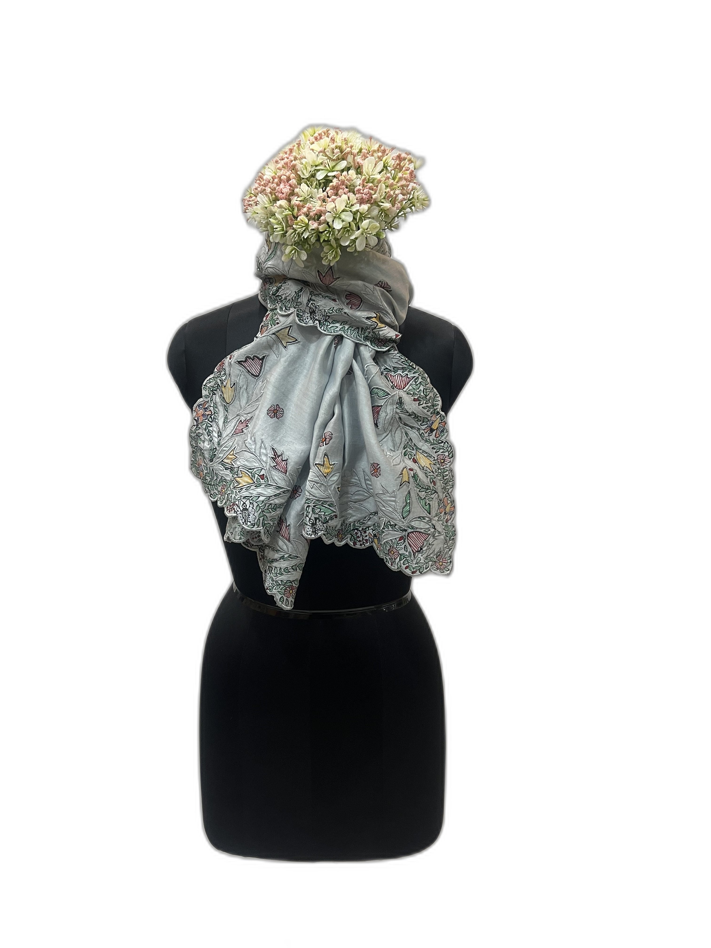 Chanderi Stole in Powder Blue with Scalloped Edges and Madhubani